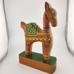 Vintage Artisan Folk Art Wooden Horse Sculpture - Orange and Green
